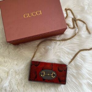 Gucci Horsebit 1955 Red Python Chain Wallet W/Gold Tone Hardware + Box & Dustbag